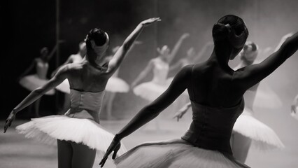 Ballerinas in white tutus, view from backstage. Black and white photos