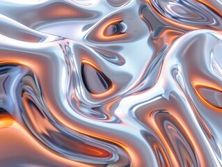 Abstract Shiny Chrome Texture With Fluid Orange Highlights
