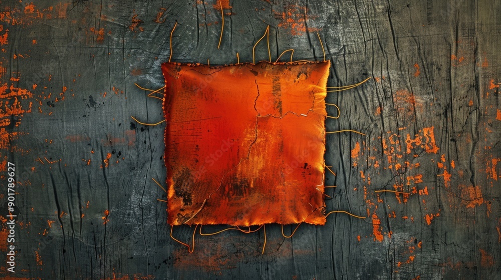Poster texture of worn fabric with orange square frame and ripped threads