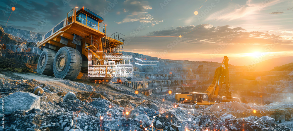 Poster an excavator and haul truck work in a quarry, while a futuristic data visualization overlay shows gr