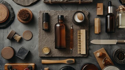 Vintage grooming accessories on dark slate background