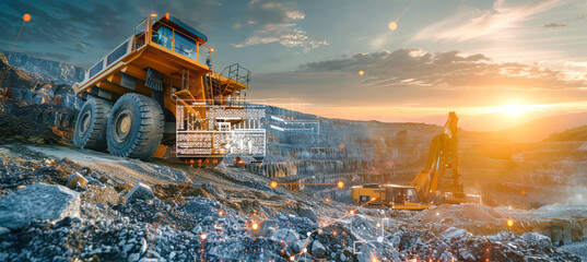 An excavator and haul truck work in a quarry, while a futuristic data visualization overlay shows graphs and numbers in orange and white