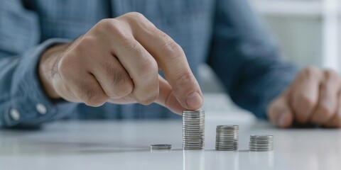 A person's hand placing a coin on a stack of coins.