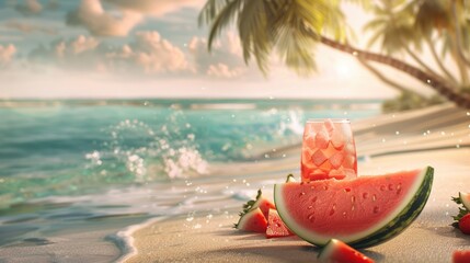 Watermelon slices and a glass of watermelon juice on a beach.