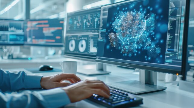 A person working on a computer with a digital representation of a brain and neural network on the screen.