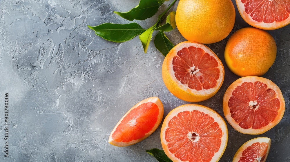 Aufkleber grapefruits flat lay with text space on grey backdrop