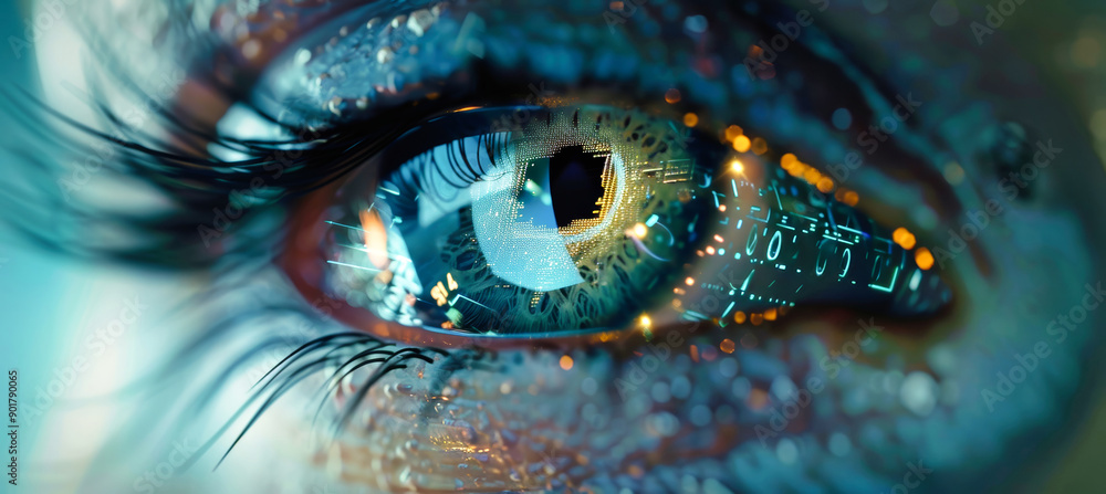 Poster a close-up shot of an eye with digital data displayed on the iris, capturing the essence of cyberpun