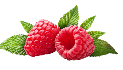 raspberries with leaves on transparent background