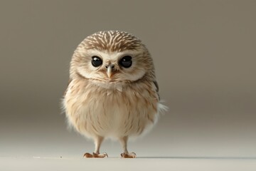 Obraz premium A small, fluffy owl with large, dark eyes stares directly at the camera