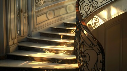 Graceful helix of wrought iron sunlight dappling polished stairs