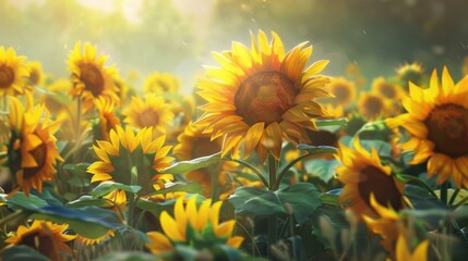 Gorgeous sunflowers blooming in the field
