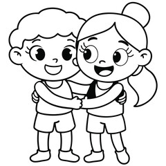 Cute cartoon friends silhouette hugging on white background