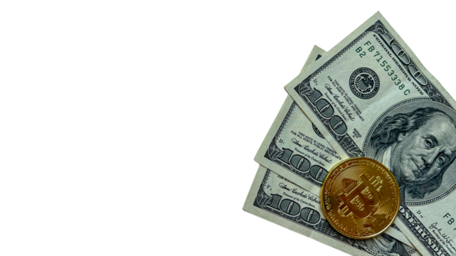 Three 100 US Dollar banknotes and a Bitcoin coin on a transparent background. Perfect for financial, economic, banking, and cryptocurrency concepts