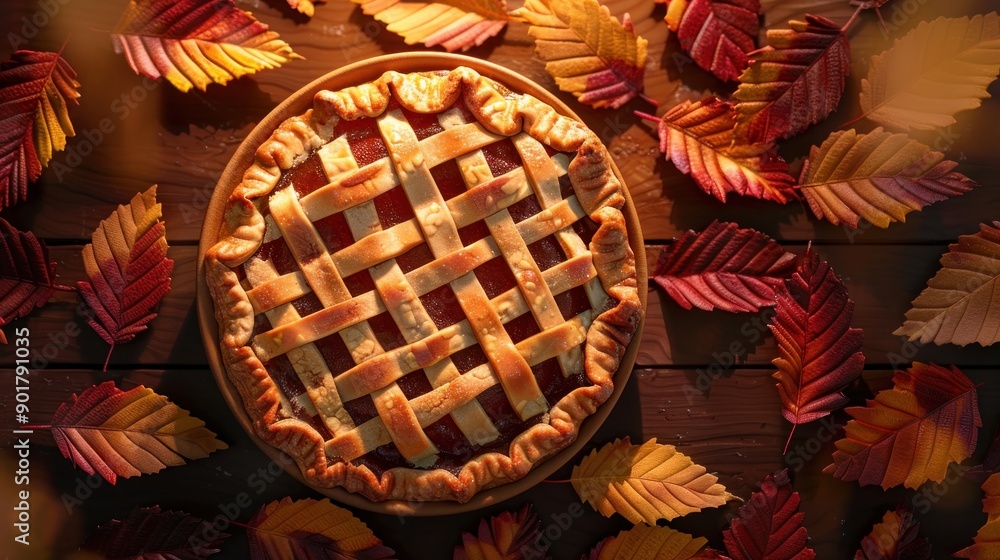 Wall mural A freshly baked pie surrounded by autumn leaves.