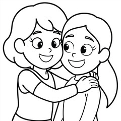 Cute cartoon friends silhouette hugging on white background