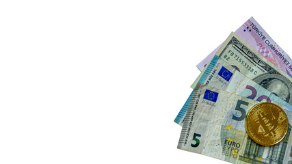 One 5 Euro banknote, one 20 Euro banknote, one 100 US Dollar banknote, one 200 Turkish Lira banknote, and a Bitcoin coin on a transparent background. Ideal for financial, economic, banking, and crypto