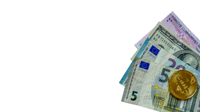 One 5 Euro banknote, one 20 Euro banknote, one 100 US Dollar banknote, one 200 Turkish Lira banknote, and a Bitcoin coin on a transparent background. Ideal for financial, economic, banking, and crypto