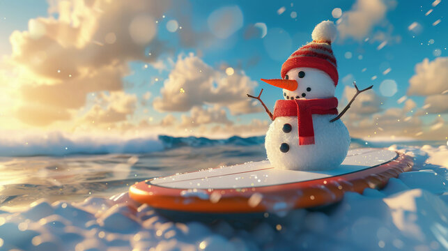A snowman wearing a red hat and scarf rides a surfboard on a winter beach, enjoying the sunset and the ocean waves