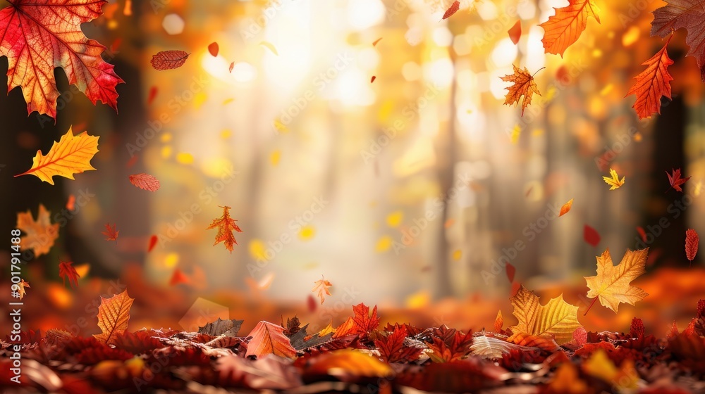 Poster Autumn leaves falling on ground with blurred forest background.