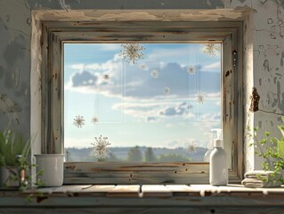 A weathered window frame with a view of a bright blue sky and fluffy white clouds