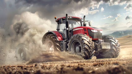 Fototapeta premium A powerful tractor tilts the earth, sending dust clouds billowing into the blue sky, showcasing the busy work of agriculture in a vibrant landscape