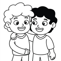Cute cartoon friends silhouette hugging on white background