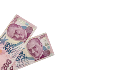 Two 200 Turkish Lira banknotes on a transparent background. Suitable for financial, economic, banking, and currency-related concepts.