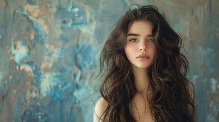 Naklejka premium Young Woman With Long Hair Posing Against a Colorful Abstract Background