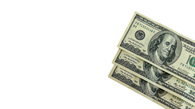 Three 100 US Dollar banknotes on a transparent background. Suitable for financial, economic, banking, and currency-related concepts.