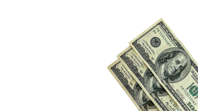 Three 100 US Dollar banknotes on a transparent background. Suitable for financial, economic, banking, and currency-related concepts.