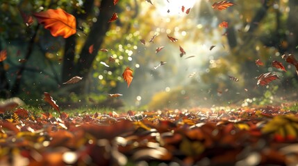 Autumn leaves falling to the ground in a warm, sunny forest.
