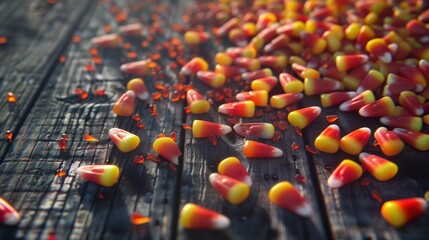 Close-up of red and yellow candy corn scattered on a wooden surface.