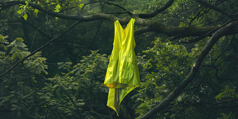A fluorescent yellow vest draped over a tree branch signals a low-hanging power line, preventing accidents