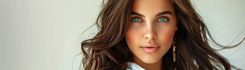 Obraz premium Chic woman with long flowing hair wearing bold earrings and a white blouse her look completed with vibrant eye makeup set against a warm neutral background