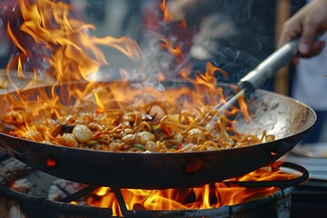 Close-up shot of a person cooking food in an open wok over flames at the Street Food Festival