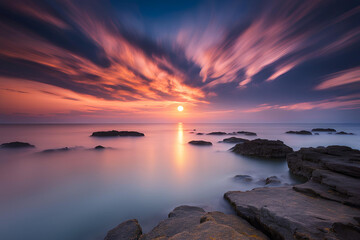 A breathtaking coastal sunset with a vibrant sky awash in hues of orange, pink, and purple, contrasting beautifully with the calm, reflective sea below.