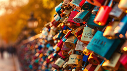 Obraz premium Close-up of a love lock bridge with abstract, colorful locks