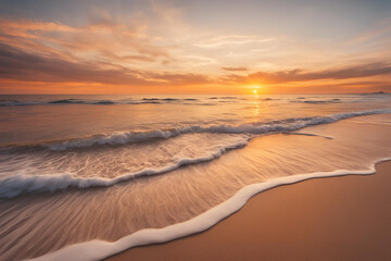 Fototapeta premium Closeup sea sand beach. Panoramic beach landscape. Inspire tropical beach seascape horizon. Orange and golden sunset sky calmness tranquil relaxing sunlight summer mood.