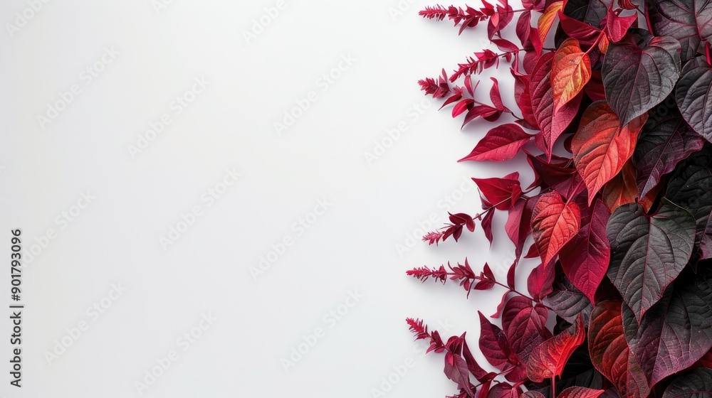 Poster infant red amaranth leaves on a blank white surface with space for text