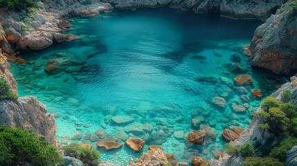 Naklejka premium Breathtaking scenery of a secluded cove with crystal clear turquoise water surrounded by rocks, cliffs, and lush vegetation