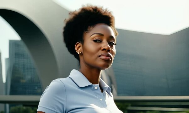 portrait of a Kenyan woman in her 30s wearing a sporty polo shirt against a modern architectural background