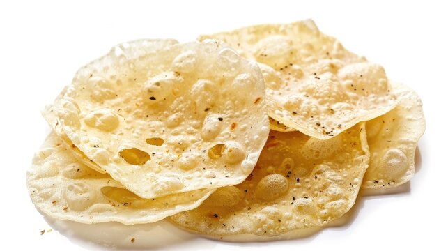 Indian rice flour papadum on white backdrop a traditional salty snack