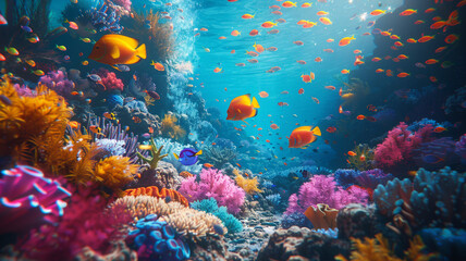 Explore the vibrant underwater world of a coral reef, teeming with colorful marine life and stunning coral formations. A breathtaking glimpse into oceanic beauty.