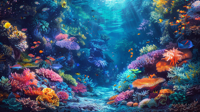 Explore the vibrant underwater world of a coral reef, teeming with colorful marine life and stunning coral formations. A breathtaking glimpse into oceanic beauty.