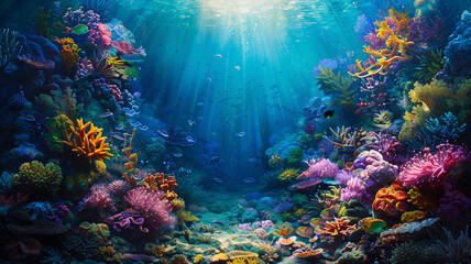 Naklejka premium Explore the vibrant underwater world of a coral reef, teeming with colorful marine life and stunning coral formations. A breathtaking glimpse into oceanic beauty.