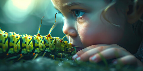 A young child carefully touches a caterpillar, marveling at its softness and colors.