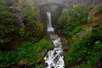 Christine Falls on the misty morning in Mount Rainier National Park.
