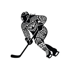 Ice Hockey sport female player with ethnic polynesia pattern illustration, emblem shield badge