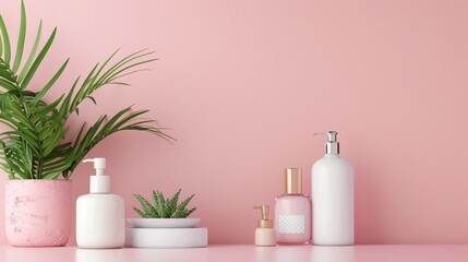 Minimalist beauty products with plants on a pink background