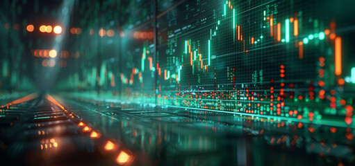 Obraz premium 3d rendering of green stock market chart on glass wall background, digital display concept